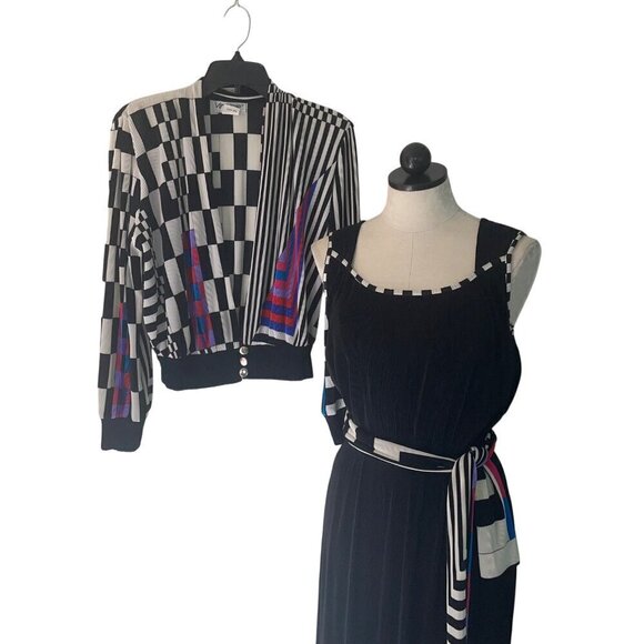 Virginie Vintage Womens Dress Jacket Size Medium Black Ensemble Midi Pleated - Picture 2 of 10